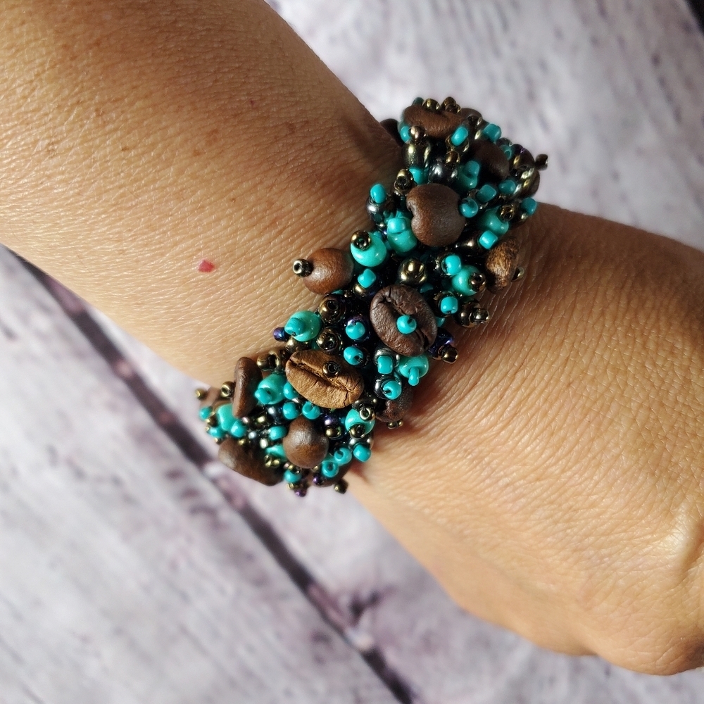 Antigua Guatemala Coffee Beans Bracelet Hand Crafted Brown Turquoise Golden